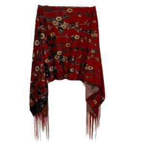SHAWL Floral Simi Sheer Fringe Rusty Red Wrap.
